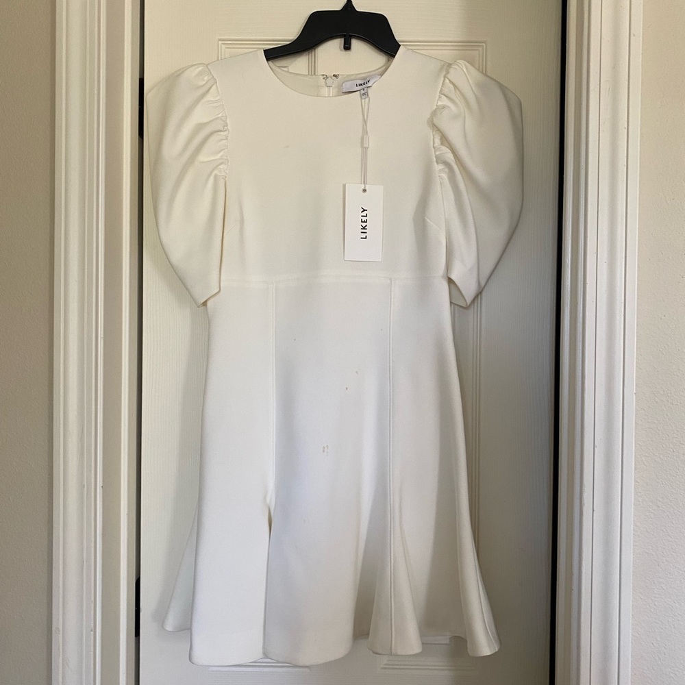 White puffy sleeved mini dress